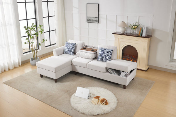 English Elm Hidden Compartment Modular Sectional with Pull Out Drawer and Coordinated Accent Pillows Beige B2730S00064