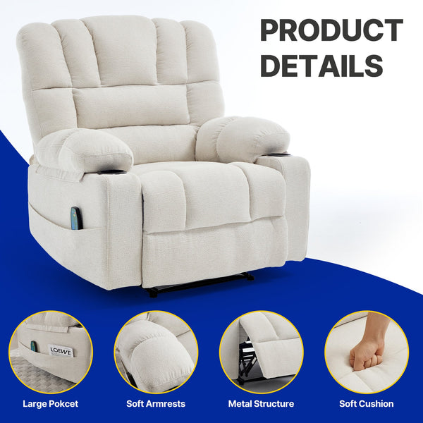 English Elm Living Space Reclining Chair with 8-Point Vibration, Lumbar Heating, Multi-Recline Comfort and Easy Assembly Beige W1403P364987