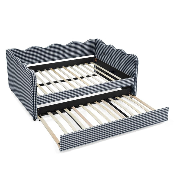 English Elm Full Size Gingham Linen Daybed with Wave Backrest Trundle and Usb Charging Port Navy W1413S00140