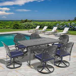 English Elm 7-Piece All-Weather Cast Aluminum Dining Set With 6 Swivel Chairs & Cushions For Outdoor Comfort P3 W1710S00354-GIGA