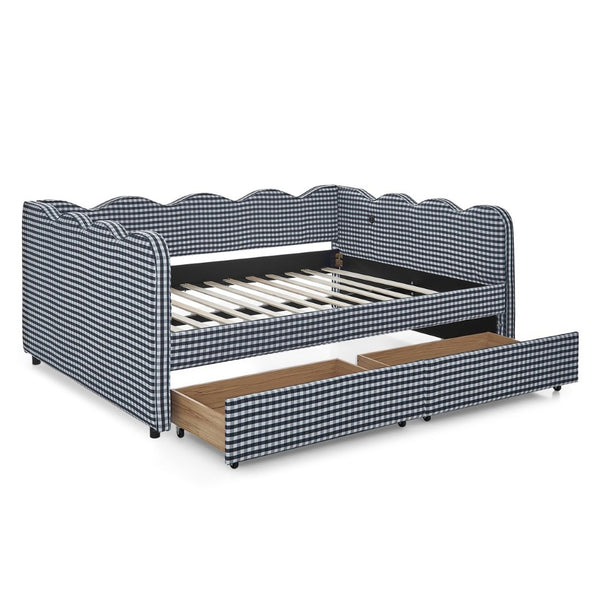 English Elm Full Size Gingham Linen Daybed with Wave Backrest Trundle and Usb Charging Port Navy Blue W1413S00148