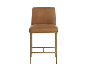 Sunpan LATHAN Counter Stool - Luxurious Tan Leather Seat with Hand-Hammered Antique Brass Frame, Durable Design 112227