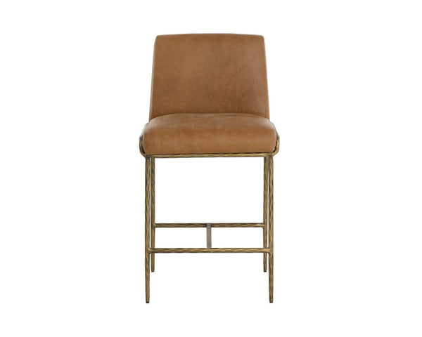 Sunpan LATHAN Counter Stool - Luxurious Tan Leather Seat with Hand-Hammered Antique Brass Frame, Durable Design 112227