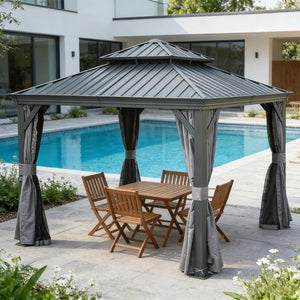 English Elm 13x13ft Hardtop Gazebo Galvanized Steel Vented Double Roof with Curtains Netting Patio Gray W1859S00203