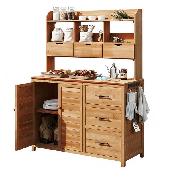 English Elm (with Hutch) Topamx Solid Fir Potting Bench Patio Workstation Spice Rack Drawer Natural Wood N717P404331A