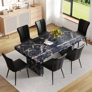 English Elm Table and Chair Set Seats Six with Marble Pattern Mdf Top and Pu Leather Dining Chairs W1151S04138