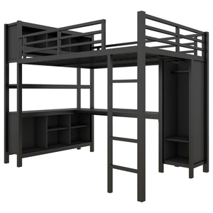 English Elm Metal Loft Bed With Integrated Desk, Wardrobe & Storage Cubes - Space-Saving Solution For All Ages W1580S00068