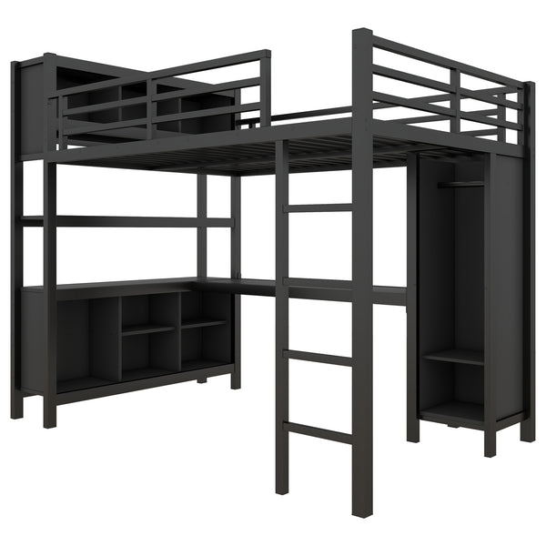 English Elm Metal Loft Bed With Integrated Desk, Wardrobe & Storage Cubes - Space-Saving Solution For All Ages W1580S00068