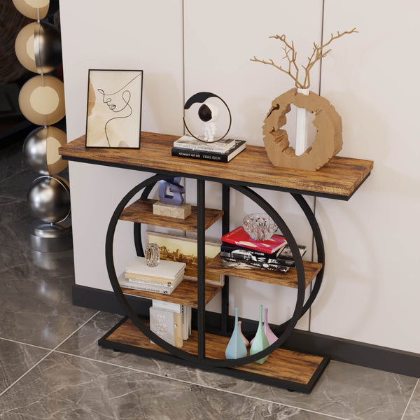 English Elm 41.3 Inch Five Tier Industrial Console Table Rustic Wood Shelves Round Metal Frame W3101P460015