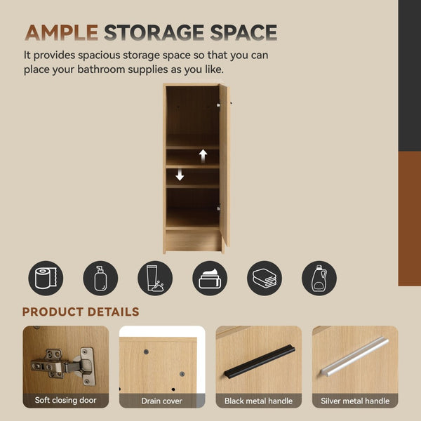 English Elm 12" Wall-mounted Oak Plywood Bathroom Linen Cabinet Slim Floating Single Door Storage W3450P440611