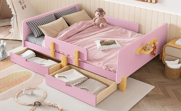 English Elm Twin Low Profile Kids Floor Bed Pine Wood Frame with Safety Rail and Built in Bookshelf Pink W1580P373245