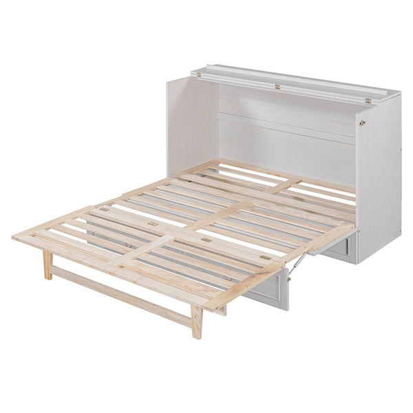 English Elm Queen Murphy Wall Bed with Rattan Panel Cabinet and Storage Drawers for Studio Rooms White LP000676AAK