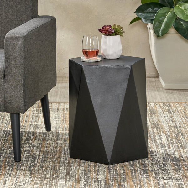English Elm Christopher Knight Home® - APOLLO geometric concrete side table with gem-cut pentagon base, durable modern outdoor accent piece Black 67525.00BLK