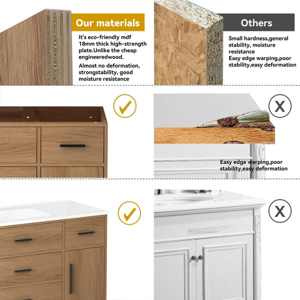 English Elm 48"dark Brown Vanity with 6 Drawers and Soft Close Doors for a Spa Bathroom Light Oak W3133S00026