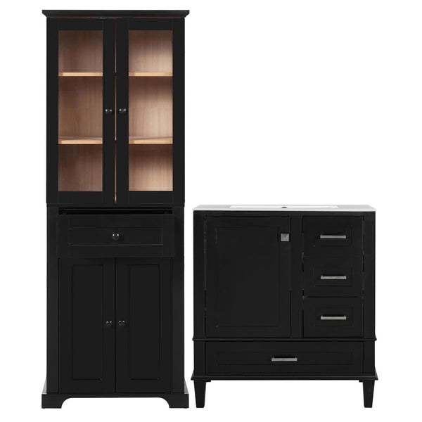 English Elm 67.57" Tall Matte Cabinet Vanity Combo with Glass Doors Soft-close Drawers Sink Black N729P000033B