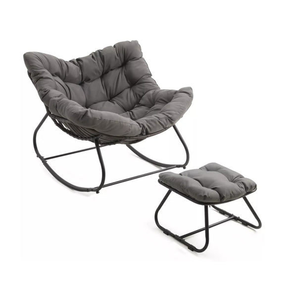 English Elm Dark Wicker Egg Rocking Chair with Ottoman Outdoor Pe Woven Patio Lounge Set Gray B082P455170