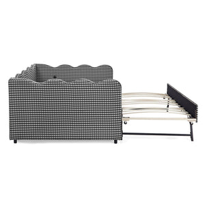 English Elm Full Size Gingham Linen Daybed with Wave Backrest Trundle and Usb Charging Port Black W1413S00141