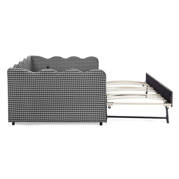 English Elm Full Size Gingham Linen Daybed with Wave Backrest Trundle and Usb Charging Port Black W1413S00141