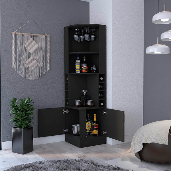 English Elm Corner Bar Cabinet with Ten Built-In Wine Slots, Cup Rack & Spacious Top Shelf for Entertaining Black 46.46 L x 22.44 W x 4.33 H B097S00186