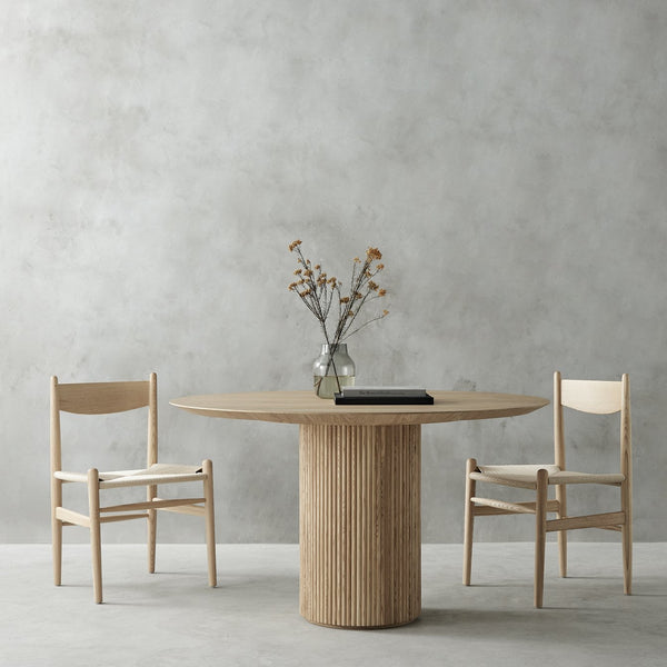 English Elm Fluted Piper Natural Wood Round Dining Table — Ash Top, Fluted Pillar Base, Warm Curved Silhouette, 56" Diameter B353S00001