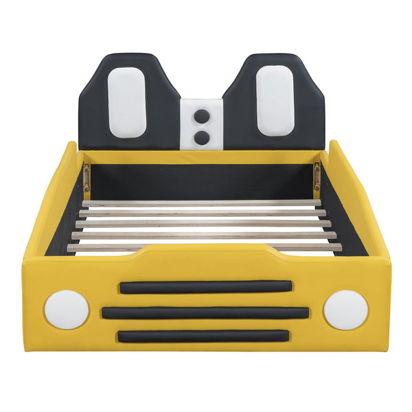 English Elm Twin Race Car Platform Bed with Wheels for Kids — Sturdy PU Leather Frame, Safety Rails, 250lb Capacity Yellow SF000128AAY