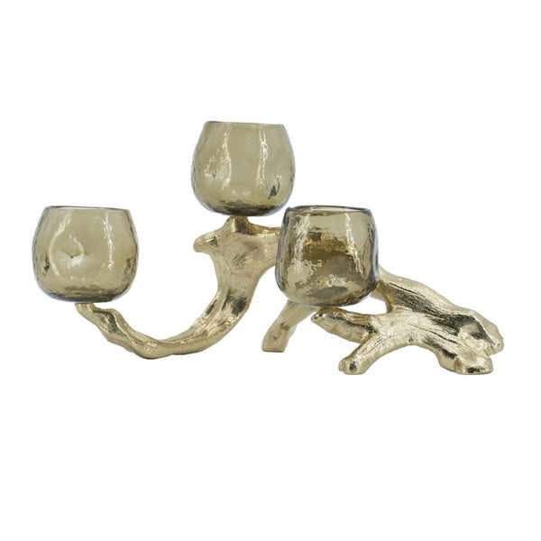 English Elm 15.7x9.1x7.9" Gold Aluminum Branch Votive Holder with Three Glass Cups for Glam Decor W2078P490404