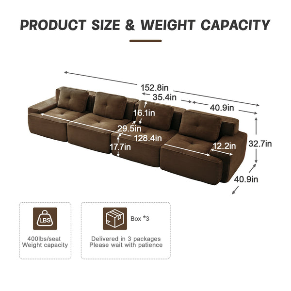 English Elm 153" Modern Modular Sectional Sofa - Plush Corduroy, Customizable 4-Seater, No Assembly, Elegant Design W714S01507
