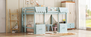 English Elm Full Loft Bed With Playful Cottage Design, Built-In Bookshelf, Curtain & Safety Guardrails For Kids W1580S00360
