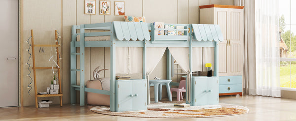 English Elm Full Loft Bed With Playful Cottage Design, Built-In Bookshelf, Curtain & Safety Guardrails For Kids W1580S00360