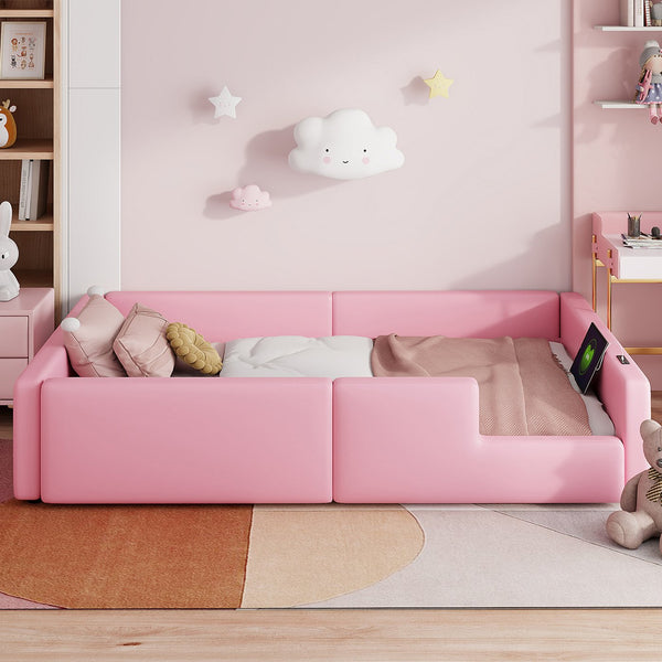 English Elm Twin Upholstered Platform Bed with Guardrail and Built-In Charging Station, Modern Sleek Design for Small Spaces Pink N709P186347H