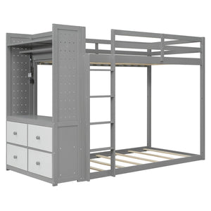 English Elm Twin Bunk Bed with Storage Drawers Hanging Rail Led Shelves and Pegboard Organizer Gray LT000282AAE