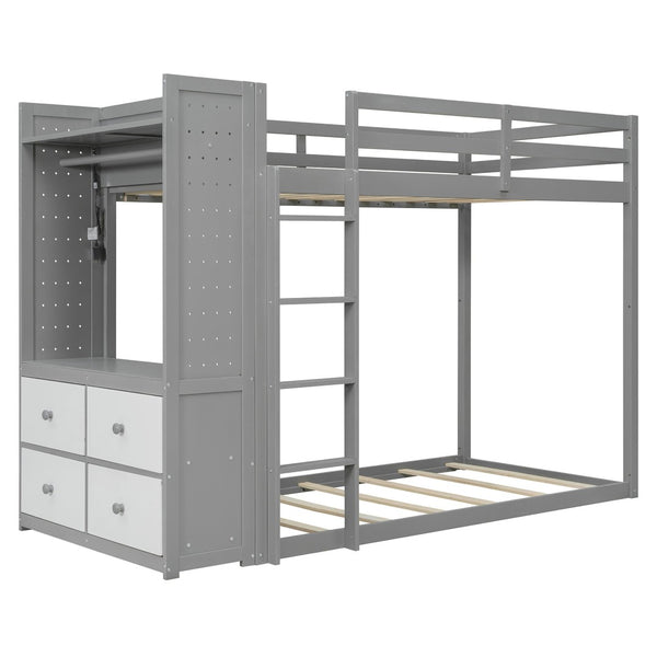 English Elm Twin Bunk Bed with Storage Drawers Hanging Rail Led Shelves and Pegboard Organizer Gray LT000282AAE