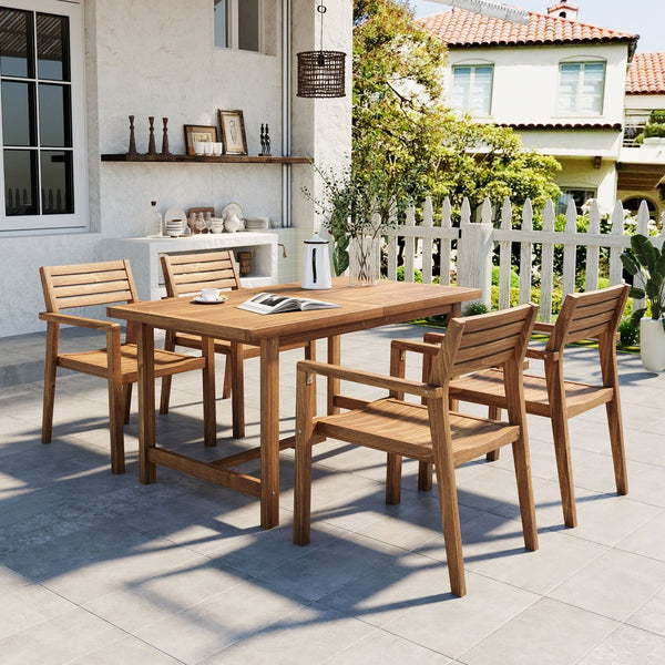 English Elm U_style Solid Acacia Wood Outdoor Dining Set Seats Four with Umbrella Hole Patio Natural WY000477AAO