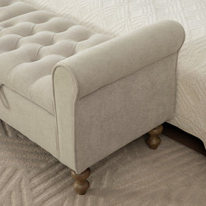 English Elm 65.75" Wide Upholstered Storage Bench Napped Fabric Rolled Arms Rubberwood Legs Greige W3098P397302