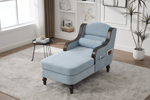 English Elm UNITED Oversized Chaise Lounge Sofa Bed with Solid Wood Arms, High-Resilience Foam, 800lb Capacity and Storage Pockets Light Blue W1568S00209