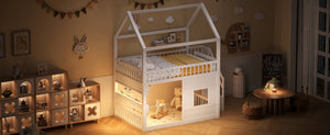 English Elm Full Size Solid Wood House Bed with Led Shelf Lighting for Kids Bedroom White N7500005026K