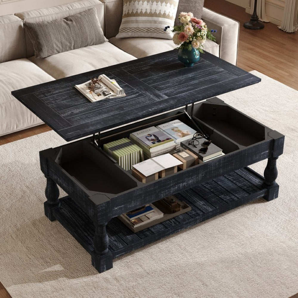 English Elm Farmhouse Lift Top Coffee Table Solid Wood Two Tier Hidden Storage Living Room W1445P412360