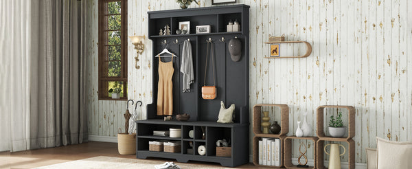 English Elm Modern Hallway Hall Tree with Bench, 6 Metal Hooks & Shoe Cubbies, Spacious Entryway Organizer Black W1580P327017