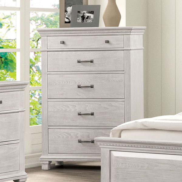 English Elm 1pc Chest Transitional Weathered Finish 5-Drawer Tall Dresser with Dentil Molding and Metal Knobs Grey Mix 39 L x 20 W x 51 H B2741P370388
