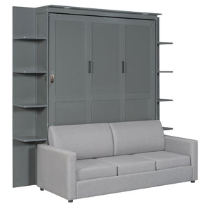 English Elm Queen Murphy Bed with Integrated Sofa Space Saving Fold Down Cabinet for Studio Living Gray LP000591AAE-2