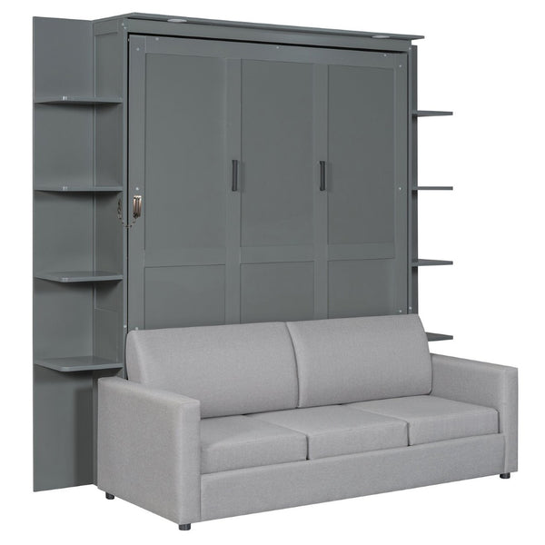 English Elm Queen Murphy Bed with Integrated Sofa Space Saving Fold Down Cabinet for Studio Living Gray LP000591AAE-2