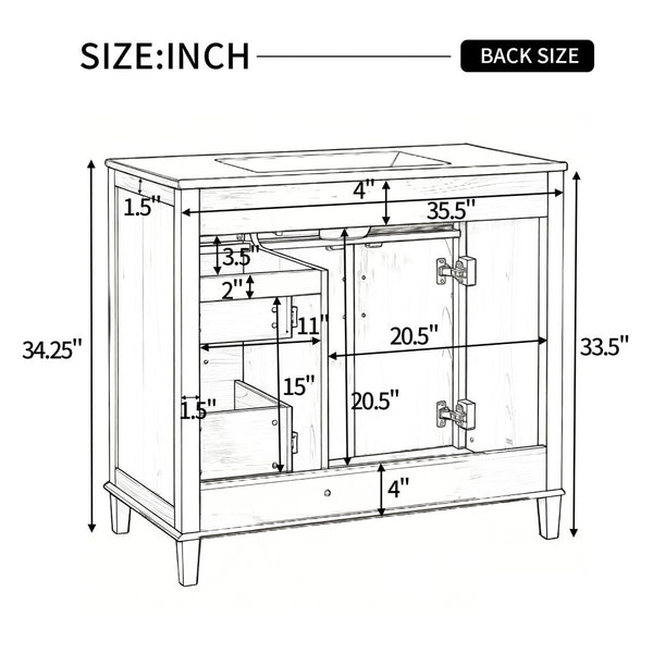 English Elm [video] 36 Inch Freestanding Bathroom Vanity with Ceramic Sink and Soft Close Storage N759P395344N