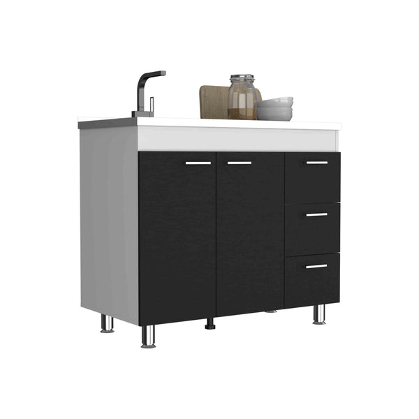 English Elm Base Double Door Cabinet with Three Drawers, Faucet Hole, Engineered Wood, White & Black Finish B097S00136