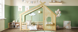 English Elm Twin House Bed Low Profile Pine Wood Frame with Shelf Montessori Kids Floor Sleeping Natural W5305P429643