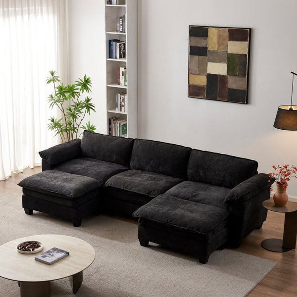 English Elm Living Room U-shaped Chenille Sectional Sofa with Two Ottomans Pocket Coil Comfort Black W1097S00241