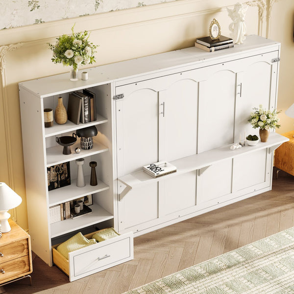 English Elm Queen Murphy Bed with Built-In Shelves, Height-Adjustable Storage & Drawer for Small Spaces White 71.6 L x 21.5 W x 6.1 H N733S309223K