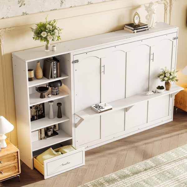 English Elm Queen Murphy Wall Bed with Folding Platform Side Cabinet Drawer and Adjustable Shelves White N733S407545K
