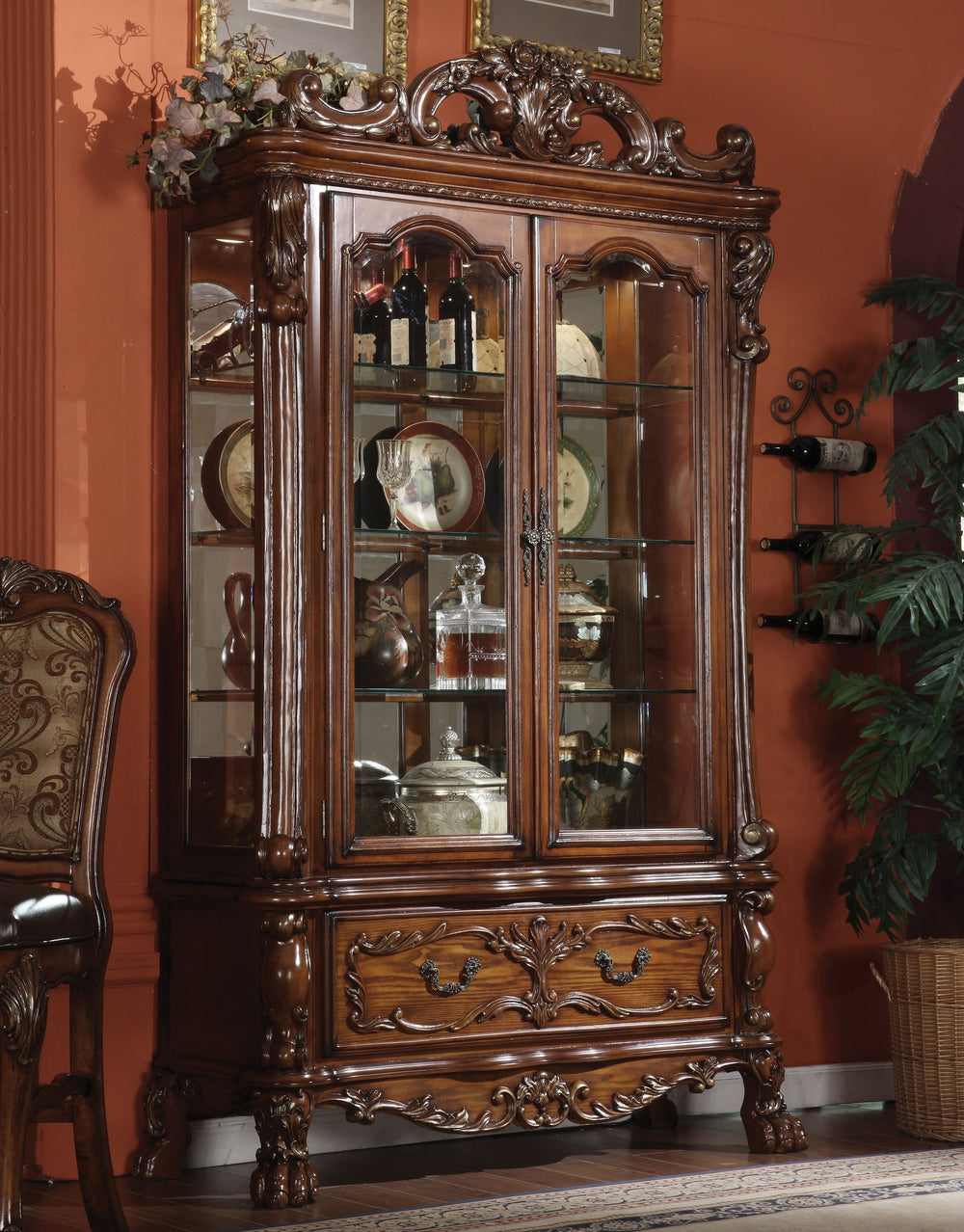 English Elm Dresden Cherry Oak Finish Curio Cabinet with Mirrored Back, Glass Shelves, Felt Drawer & Claw Legs B2726S00303