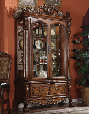 English Elm Dresden Cherry Oak Finish Curio Cabinet with Mirrored Back, Glass Shelves, Felt Drawer & Claw Legs B2726S00303