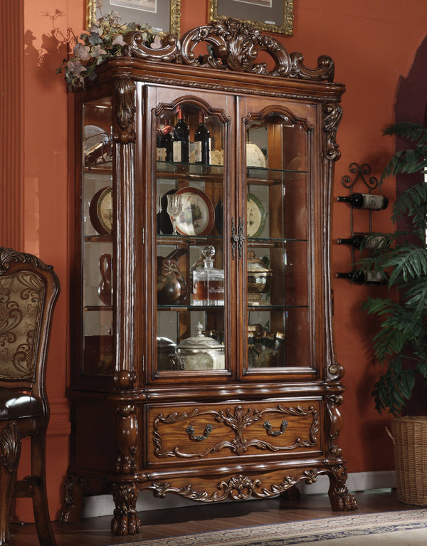 English Elm Dresden Cherry Oak Finish Curio Cabinet with Mirrored Back, Glass Shelves, Felt Drawer & Claw Legs B2726S00303